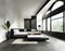 Watercolor of Modern master bedroom with black wood concrete loft and king