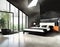 Watercolor of Modern master bedroom with black wood concrete loft and king