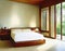 Watercolor of Modern serene bedroom with wooden bed and Asian lit with LEDs for tranquil