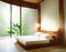 Watercolor of Modern serene bedroom with wooden bed and Asian lit with LEDs for tranquil