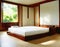 Watercolor of Modern serene bedroom with wooden bed and Asian lit with LEDs for tranquil