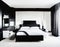 Watercolor of Modern sophisticated monochrome bedroom with lavish