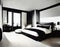 Watercolor of Modern sophisticated monochrome bedroom with lavish