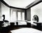 Watercolor of Modern sophisticated monochrome bedroom with lavish