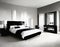 Watercolor of Modern sophisticated monochrome bedroom with lavish