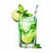 Watercolor Mojito cocktail with mint and lime, Ai generated