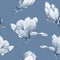 Watercolor monochrome magnolia blooming seamless pattern in a blue color. Beautiful hand drawn spring blossoms.