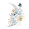 Watercolor moon and flower bouquet. Elegant celestial art with floral and buterfly. White and blue illustration for moon calendar