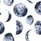 Watercolor moon phases pattern. Hand painted various phases isolated on white background. Hand drawn modern space design