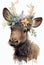 Watercolor moose portrait with flowers crown. Cartoon Cute character wildlife moose animal drawing Isolated white