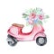 Watercolor moped with a bouquet of peonies on the steering wheel