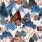 Watercolor mountain art background. Abstract landscape seamless pattern