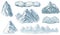 Watercolor mountain high peak drawing, illustration, winter wild nature landscape, ecology mountains silhouette isolated