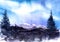 Watercolor mountain landscape. Serene gentle blue sky with shining white clouds on contrast with darkness of blurred forest