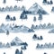 Watercolor mountaine landcape seamless pattern with forest tree. Deep blue color for textile fabric