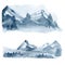 Watercolor mountaine landscape scene,  forest tree, winter deep blue. Christmas woodland. Travel illustration for logo