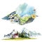 Watercolor mountains landscape with country house