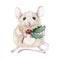 Watercolor mouse or rat illustration with nice Christmas holly branch. Cute little mouse a simbol of chinese zodiac 2020 new year