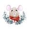 Watercolor mouse or rat illustration in a red scarf with wreath. Cute little mouse a simbol of chinese zodiac 2020 new year