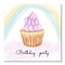 Watercolor muffin with cream in a tartlet. Birthday card with congratulations. Postcard with a pastel rainbow.