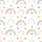 Watercolor multicolored rainbow on white background.Seamless pattern with hearts,stars,candy.Watercolour