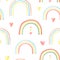 Watercolor multicolored rainbow on white background.Seamless pattern with hearts.Watercolour illustration