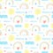 Watercolor multicolored rainbow,yellow sun,clouds,sea wave drop, rain on white background.Seamless pattern with Color