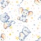 Watercolor multidirectional seamless pattern with cute baby elephants crown and stars
