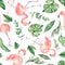 Watercolor multidirectional seamless pattern flamingos and tropical leaves