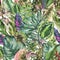 Watercolor natural botanical tropical leaves seamless pattern