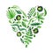 Watercolor nature vector heart with leaves, apples and other plants (green). Perfect for invitations and other design.