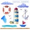 Watercolor nautical elements collection. Lighthouse, ship, lifebuoy, anchor clouds isolated on white backdrop. Trendy elements for