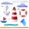 Watercolor nautical elements collection. Lighthouse, ship, lifebuoy, anchor clouds isolated on white backdrop. Trendy elements for