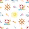 Watercolor nautical seamless pattern with yellow anchor,Lifebuoy,steering wheel,fish,Seagull,sun on a white background.