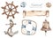 Watercolor nautical set with anchor, rudder, lifebuoy, bell, shells, parchment