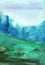 Watercolor navy blue green forest fog autumn wood landscape