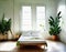 Watercolor of a neat bedroom with natural light and green plants