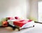 Watercolor of neat and tidy bedroom with minimalist decor and colorful created with