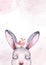 Watercolor new year baby bunny portrait illlustration oster. Merry Christmas postcard cute cartoon rabbit in floral wreath. symbol