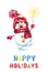 Watercolor New Year illustration of a cute joyful snowman in red hat and scarf with bengal light sparkler isolated on white