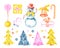 Watercolor New Year's set with snowmen, Christmas trees, mittens, gifts, balloons