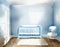 Watercolor of Newborn bedroom with white crib blue Minimalist