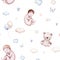 Watercolor newborn seamless pattern with babies boy girl. Birthday baby shower background of new born baby