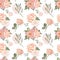 Watercolor nude garden flowers seamless pattern. Hand drawn blush pink roses, eucalyptus leaves on white pink background
