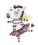 Watercolor nursery cute baby zebra girl, sweet cartoon zebra isolated on white, fashion child vwatercolour, scandinavian