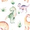 Watercolor nursery Dinosaur seamless pattern Tyrannosaurus Rex decorated with green prehistoric plants. Hand painted