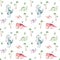 Watercolor nursery Dinosaur seamless pattern Tyrannosaurus Rex decorated with green prehistoric plants. Hand painted