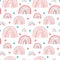 Watercolor nursery pink raindow seamless pattern. Scandinavian style hand painted rainbows background. Baby shower girl