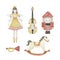 Watercolor Nutcracker Christmas ballerina fairies, horse and violin toys