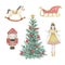 Watercolor Nutcracker Christmas tree, ballerina and horse toys